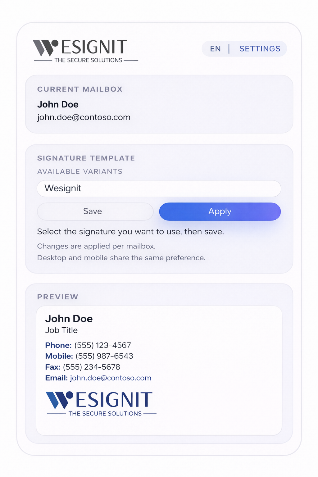 WeSignIT Outlook Add-in panel